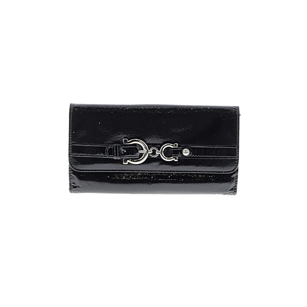 Salvatore Ferragamo Gancini Black Patent Leather Long Wallet Silver Horse Bit